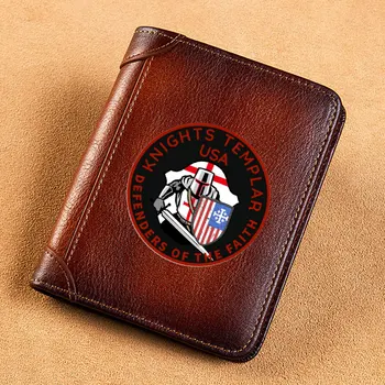 USA Knights Templar Defend Of The Faith Cover Genuine Leather Men Wallets Classic Short Card Holder Purse Trifold Men's Wallet