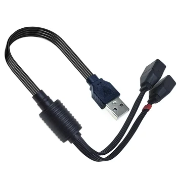 USB 2.0 2-in-1 prailginimo laidas, įkrovimo kabelio adapteris nuo vieno kištuko iki dviejų lizdų, USB duomenų kabelis, juodas plokščias ilgis 20cm, 40cm