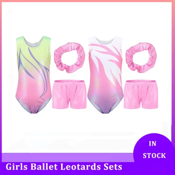 Vaikai Mergaitės Gimnastika Liūtai Komplektai Baletas Smėlinukas be rankovių su šortais Plaukų juosta Scenos spektaklio apranga Šokio kostiumas