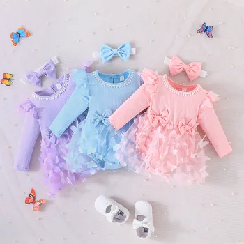 Vaikiški drabužiai 0-18M suknelė kūdikiams Mergaitė Gėlių trikampis Suknelė Mergaitė Baby Sweet Smėlinukas ilgomis rankovėmis Bowtie Baby Creeper gimtadienio vakarėlis
