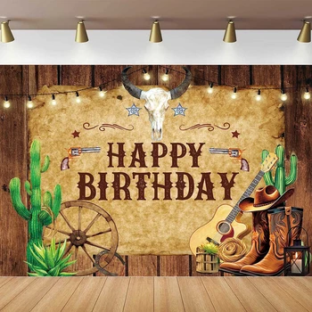 Vakarų kaubojus su gimtadieniu Fotografija Fonas Kaimiška medinė lenta Kaktusas Rodeo Ruda skrybėlė Laukinių Vakarų vakarėlio dekoro fonas