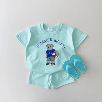 Vasariniai kūdikių drabužiai Naujagimių berniukų ir mergaičių drabužių komplektas Mielas mažasis lokys marginti marškinėliai trumpomis rankovėmis ir šortai 2 dalių komplektas