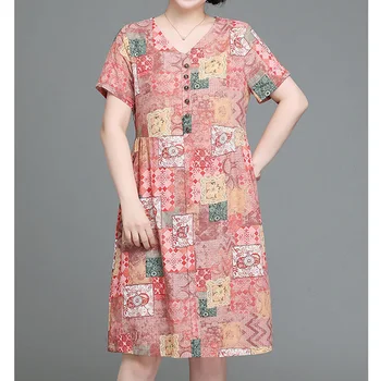 Vasarinių moteriškų drabužių mados sagų pleistras trumpomis rankovėmis V formos kaklo vintažinės geometrinės spaudos plonos A linijos suknelės iki kelių
