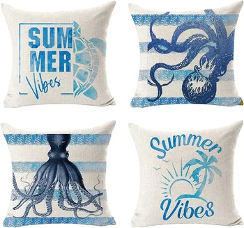 Vasaros nuotaikos mėlynas vandenyno menas dryžuoti gyvūnai aštuonkojai lino dekoravimas namų biuras mesti pagalvės užvalkalas sofos pagalvės užvalkalas