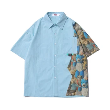 Vasaros susiliejimo dizainas Harajuku marškiniai Vyrai Trumpomis rankovėmis Ins Madingi marškiniai Japonų vyriški lokiai Patchwork Laisvi oversize gatvės drabužiai