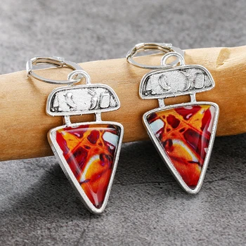 Vintažiniai sidabro spalvos trikampio emalio lašo auskarai moterims Genčių raudonas oranžinis dažymo raštas Pareiškimas Auskarai Vakarėlių papuošalai