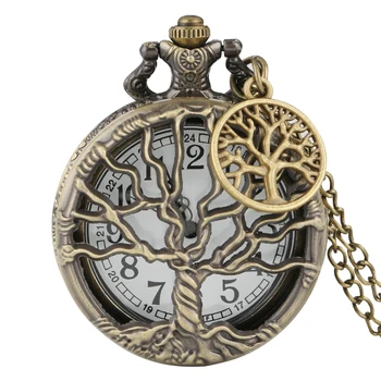 Vintažinis kvarcinis kišeninis laikrodis su karoliais Tuščiaviduris gyvybės medžio dizainas arabiškų skaitmenų ciferblato pakabuko laikrodis Antikvarinio stiliaus dovana vyrams moterims