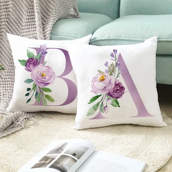 Violetinė gėlė 26 raidės pagalvėlės dangtelis anglų abėcėlės metimo pagalvės dėklas Vardas Inicialai Pritaikomas pagalvės užvalkalas Namų dekoras