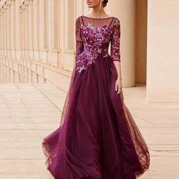 Violetinės bohemiškos prom suknelės trijų ketvirčių nėrinių aplikacijos vakarinės suknelės A linijos chalatai De