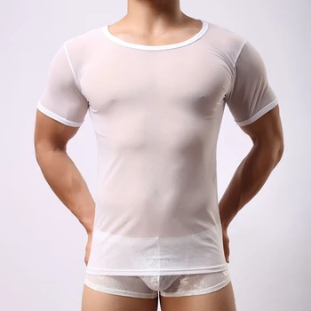 Vyriška apvali apykaklė trumpomis rankovėmis T - marškiniai aptemptas tinklelis permatomas seksualus apatinis skaidrus apatinis trikotažas