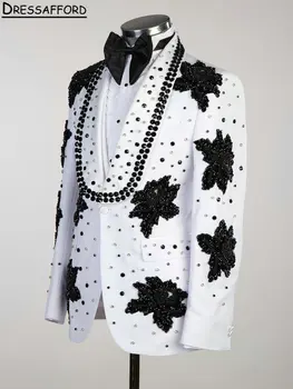 White Pearls Beading Crystal Evening Party Vyriški kostiumai Juodos aplikacijos Nėriniai Dviejų dalių švarkas Jaunikio drabužiai ( Švarkas + Kelnės )