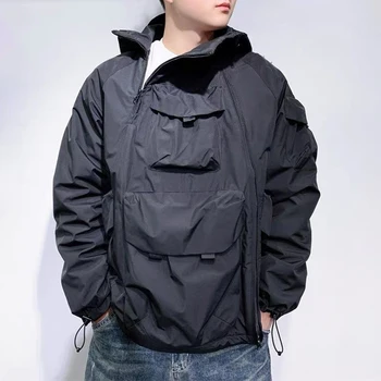 Winter Mens Hooded Double Zipper Pullover Jacket American Street Workwear Solid Color Jacket Loose And Versatile Jacket