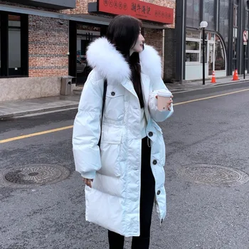 Winter New Down Cotton Coat Women Mid Length Large Fur Collar Lace Up Windproof Hood Warm Coat Women Parkas