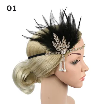 Women Indian Beaded Flapper Elastic Vintage Feather Headband Rhinestone Sequin Party Headpiece Hair Accessories Cosplay
