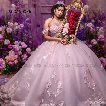 XGGandXRR Pink Sweetheart Quinceanera Dress Sweet 16 Dress Off Shoulder Applique Lace Flower Tull Vestidos De 15 Anos Ball Gowns