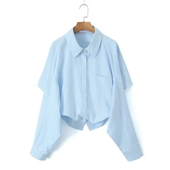 YENKYE 2024 Moteriški mėlyni dryžuoti crop marškiniai Sexy Backless Lapel Fashion Streetwear Blusas Vintage Batwing Sleeve Trumpa palaidinė