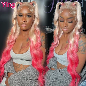 Ying Hair Body Wave Pink Blonde Omber 13x4 Nėrinių priekyje Žmogaus plaukų perukai 13x6 nėrinių priekinis perukas Iš anksto nupeštas braziliškas Remy 613 perukas