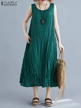 ZANZEA Vintage Women Midi Dress Casual Loose Wrinkle Design Kaftan Vestidos Summer Sleeveless Tank Dress Laisvalaikio atostogų chalatai