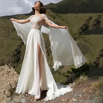 Šifono vestuvinė suknelė 2023 Paprastos nėrinių aplikacijos rankovės Plikas petys Bohemijos baltas O-Kaklas Aukšto plyšio nuotakos suknelė Pritaikyta pagal užsakymą