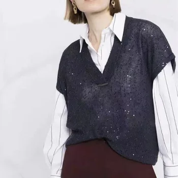 Šilkinės lininės viršūnės moterims Prabangios dizainerės blizgančios megztos megztinės liemenė 2023 m. pavasario rudens drabužiai Aukščiausios klasės 
