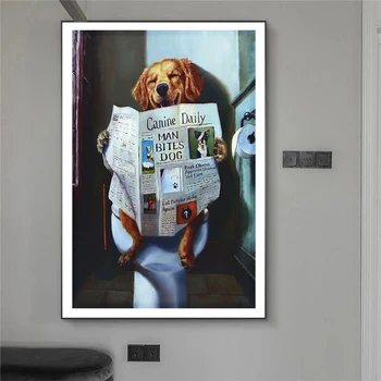 Šuniukas, kuris skaito laikraštį vonios kambaryje Plakatai ir spaudiniai Drobė Tapyba Sienų meno paveikslėliai Namų baras Kambario dekoravimas