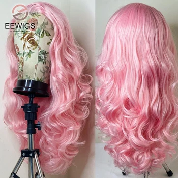 Šviesiai rožinis sintetinis skaidrus nėrinių priekinis perukas Karščiui atsparus natūralių bangų perukas be klijų, skirtas juodaodėms moterims 