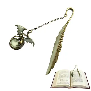 Šviečiančios metalinės plunksnų žymės su skraidančio drakono pakabuku Vintažiniai knygų ženklai mokytojams dovanoja gražius knygų priedus