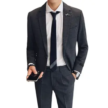 2021(Striukė+Kelnės)Naujas vyrų verslas Casual Houndstooth 2 mažų kostiumų rinkiniai aukštos kokybės audinio vyriški vieno mygtuko kostiumai
