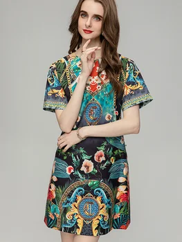 2023 Dizainerių mados kilimo ir tūpimo tako vasaros spalvingas vintažinių gėlių atspaudas Moteriškos O-Neck deimantų trumpomis rankovėmis Mini suknelės