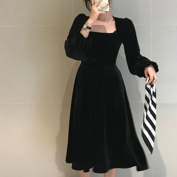 2023 Korėjiečių elegantiški juodi drabužiai Spring Vestidos Femme Fall Women Vintage Square Collar Veliūrinė suknelė Pūstos suknelės ilgomis rankovėmis