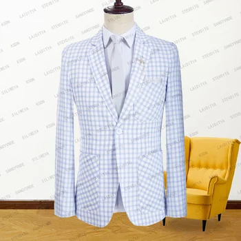 2023 Nauja vasaros mada Vyriškas kostiumas Paltas Laisvalaikio kostiumas Oficialus verslo baltas mėlynas čekis Notehed Lapel Lininis pledas Blazers Švarkas