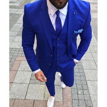 2023 Royal Blue Wedding Mens Suits Slim Fit Groom Tuxedos Shawl Lapel 3 Piece Male Blazer (Švarkas+Kelnės+Liemenė) Kostiumas Homme