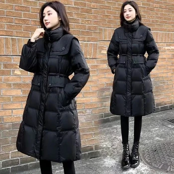 2023 Žieminiai moteriški drabužiai Medvilninis paltas Juoda blizgi ilga apatinė medvilninė striukė Storas gobtuvas Parkas striukė Korėjietiška moterų versija
