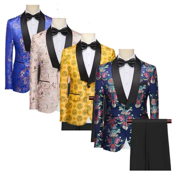 ( Blazer + Pant ) Fashion Men Prabangus žakardo kostiumas Mėlyna / Geltona Vyrų verslas Socialinis vestuvių prom vakarėlis Smokingo suknelės komplektas