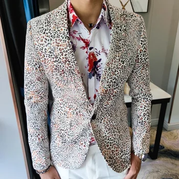 Britų naktinio klubo apranga Blazer Hombre Casual Flower Masculino Fall Leopard Single Suit Fashion Man Slim Suit Blazer Masculino