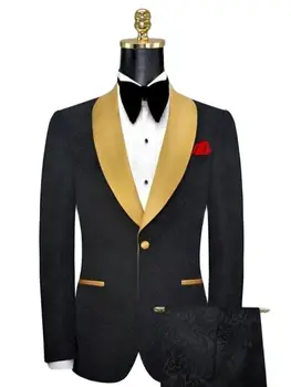 Custom Jacquard Groom Tuxedos Juodi gėlių vyriški kostiumai vestuvėms Naujausi dizainai Skara Atvartas Kostiumas Vyrai Jaunikiai Geriausias vyras Blazer