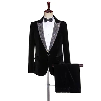 Elegantiškas vyriškas aksominis kostiumas Juodas vyriškas karoliukų dviejų dalių rinkinys Vestuvių kostiumai 2023 su peteliške