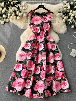 EWQ kontrasto spalvų spauda O-kaklas be rankovių Aukštas juosmuo A-line Vestidos Saldaus stiliaus moteriška suknelė 2024 m. žiemos pavasaris Nauja 27SN5425