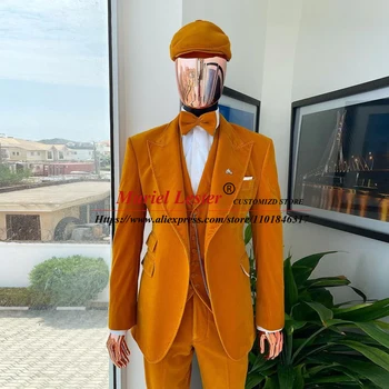 Fashion Soild Orange Suits Men Latest Velvet Single Breasted Blazer Sets Regular Business Male Dinner Party Tuxedo Custom Made