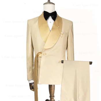 Gražus vyriškas kostiumas Platus skara Atvartas 2023 Casual Slim Fit Solid 3 Pieces Suknelė Vakarėlis Verslo jaunikis Blazer Kelnės Vestuvės