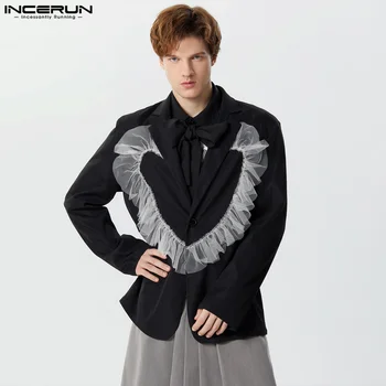 INCERUN Tops 2023 American Style Handsome Men's Love Mesh Flounce Patchwork Design Suit Paltai Fashion Blazer ilgomis rankovėmis S-5XL