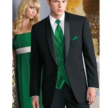 Kostiumas pagal užsakymą, pagamintas matuoti vyrams pritaikytą kostiumą pagal užsakymą, juodas smokingas su satino atlapu žalia liemenė Smokingas Vestuviniai kostiumai vyrams