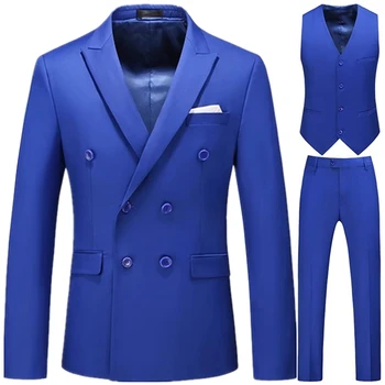 Men Casual Boutique Business Double Breasted Suit Coat 3 dalių komplektas / Solid Color Slim Fit Blazers Striukės Kelnės Liemenė Kelnės