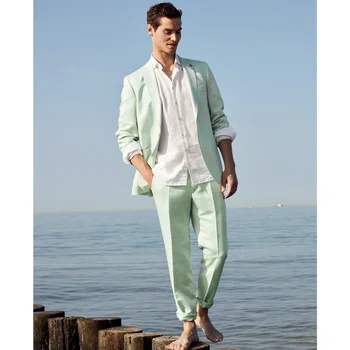 Mint Green Summer Beach Vyriški kostiumai Striukė Slim Fit 2 vienetai / kvėpuojantys lengvi aukštos kokybės audiniai Laisvalaikio vyriškų drabužių rinkiniai