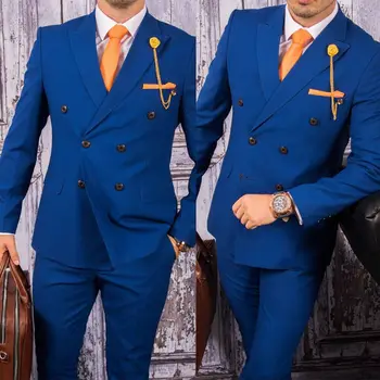 Mėlyni vyriški kostiumai Dvivietės dviejų dalių švarko kelnės Casual Wedding Groom Terno Peaked Lapel Blazer Masculino Prabangus kostiumas