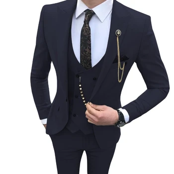 Naujausio dizaino Navy Blue Wedding Tuxedo Vyriškas kostiumas Silm Set Oficialus verslo rūkymo kostiumas Prom suknelė Vyriška švarko liemenė su kelnėmis