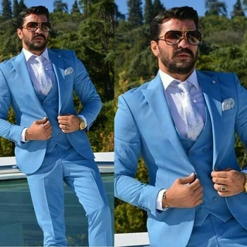 Nauji oficialūs madingi mėlyni kostiumai vyrų jaunikiui Vestuviniai kostiumai Liekni smokingai Peak Lapel Custom Made 3 dalys (švarkas+liemenė+kelnės)