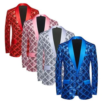 New Men Checkered Sequin Suit Jacket Blue / Red / Pink Fashion Vyriški prabangūs šokių vakarėliai Blazer paltai