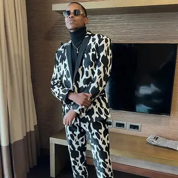 Pavasario leopardo atspaudas Vyriški kostiumai Slim Fit Vestuvių jaunikis Smokingai Tailored Party 2 Pieces Sets Business Male Blazer Kostiumas Homme