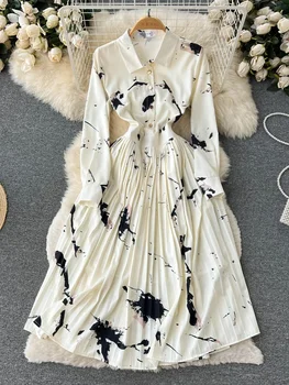 Pavasario rudens satino atspaudo marškiniai Plisuota suknelė Moteriška korėjietiškas stilius Linija Elegantiškos vakarėlio suknelės Ponios Laisvalaikio elegantiška midi suknelė